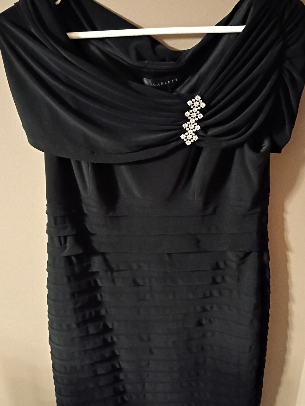Scarlett Black Midi Dress with Draped Cowl and Rhinestone Cluster